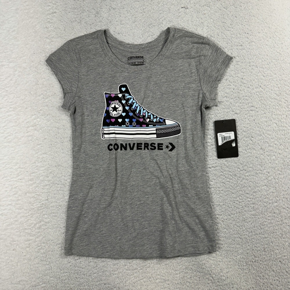 Converse All Star Graphic T-Shirt-Gray Heather Youth Sz L-Heart Chuck TaylorShoe